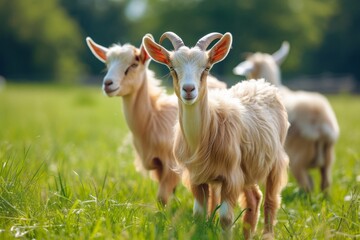 Fototapeta premium View from side body of a three Kacang goat standing on grass, Awe-inspiring, Full body shot ::2 Side Angle View