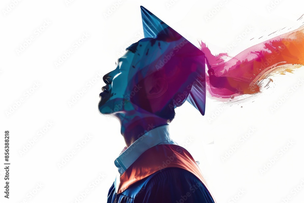 Poster Silhouette of happy students celebrating graduation, double exposure with student wearing cap and gown isolated on white background Generative AI