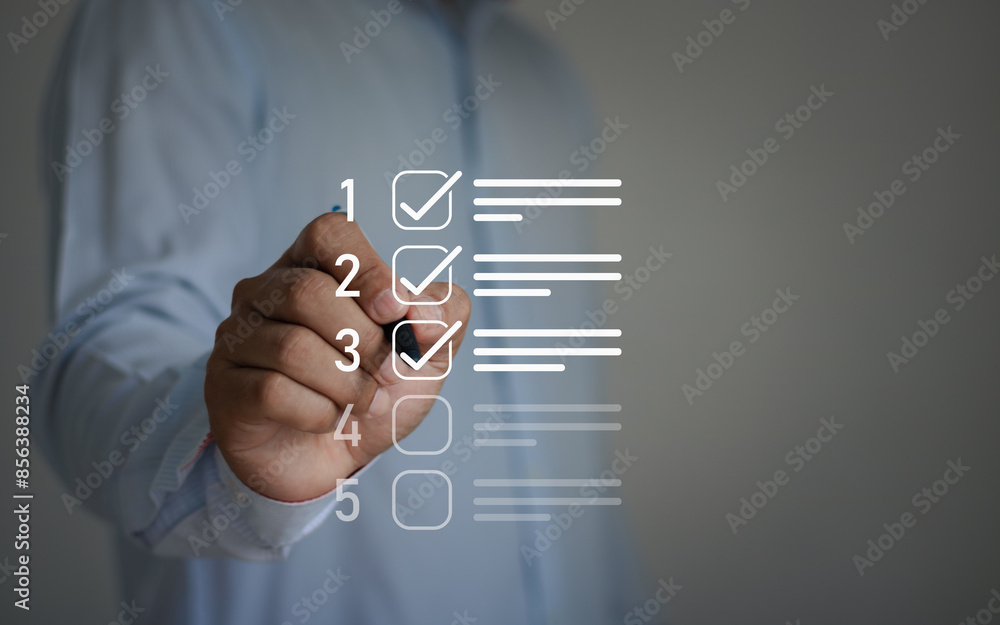 Poster businessman working with computer productivity checklist and filling survey form online. document ma