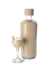 Bottle and glass of coffee cream liqueur isolated on white