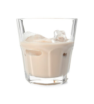 Glass of coffee cream liqueur with ice cubes isolated on white
