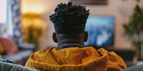 Black man in his apartment, watching TV with anxiety. superior quality image