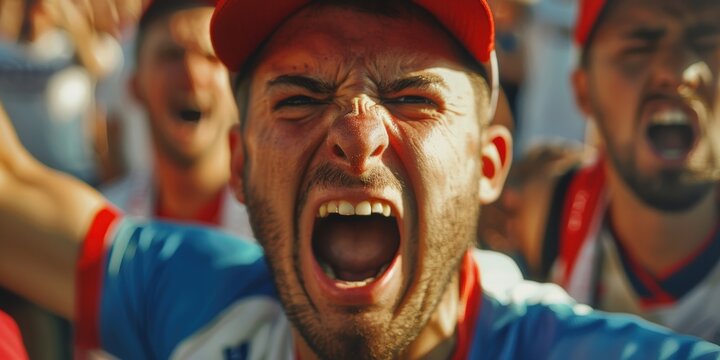 A very upset fan yelling at the English football team during a losing moment in a public viewing of an international sporting event