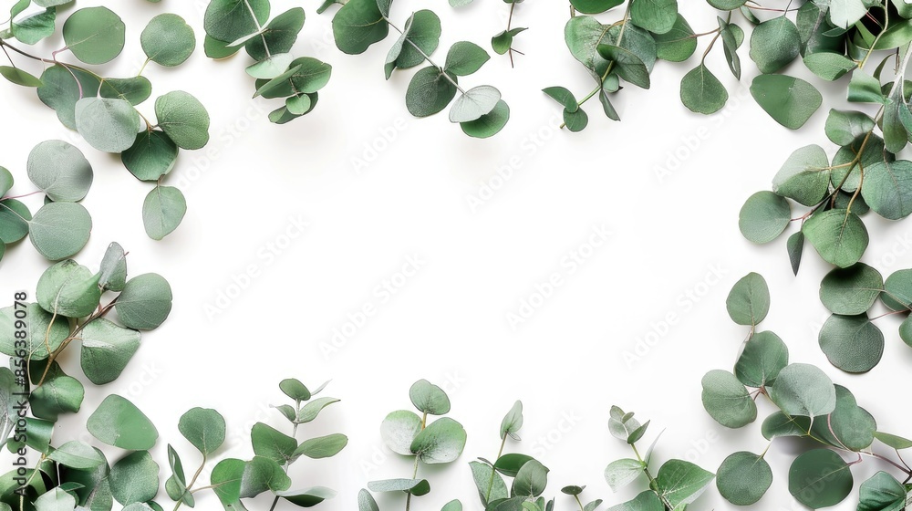 Poster eucalyptus leaves creating a border with empty space on white backdrop