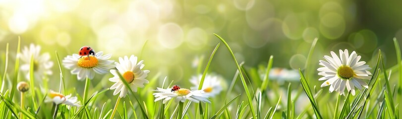 Green looped leaves and a coccinelle with purple flowers