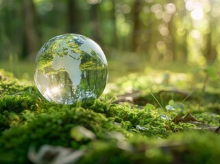 An environment concept featuring a globe on moss in a forest - Europe