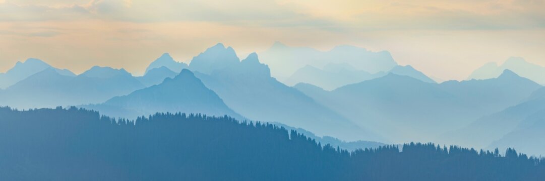 Mountain panorama from Gruenten, 1783m, to the Tannheim mountains, Allgaeu Alps, Tyrol, Austria, Europe