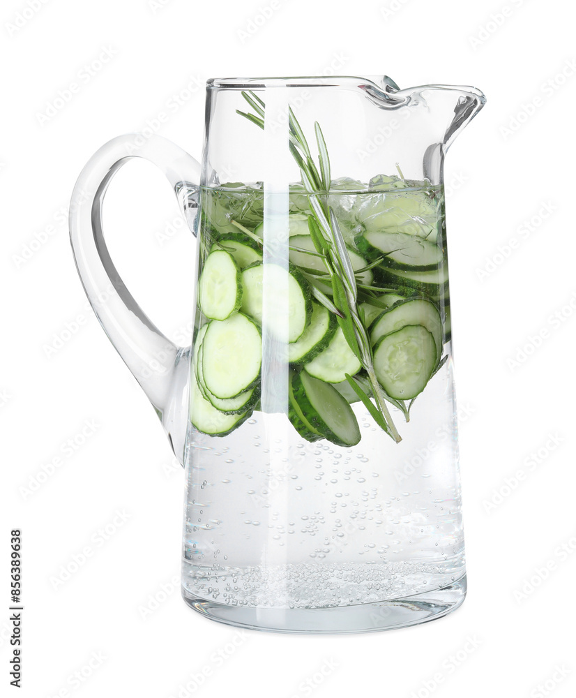 Wall mural refreshing cucumber water with rosemary in jug isolated on white - Wall murals