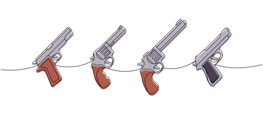 Set of revolvers, pistols one line colored continuous drawing. Various modern weapons continuous one line illustration. Vector linear illustration.