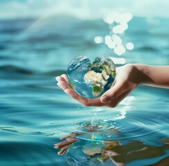 Human female hands on blurred wavy clean water background: Saving water clean natural environment ocean concept/campaign: Love earth, save water conceptual idea/sign