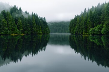 serene forest lake landscape with perfect reflection