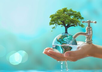 In a forest landscape, a big rain tree arbor is planted in blue aqua world, a water drop is running from the faucet tap: This is a NASA-supplied illustration of a reforestation concept designed to