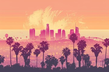 Foreground Palm trees and Los Angeles skyline