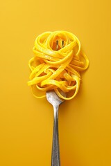 world cancer day poster with a fork of spaghetti on yellow background holding with hand, spaghetti is hanging in the shape of infinity symbol, in the style of crisp graphic design, imax, national geog