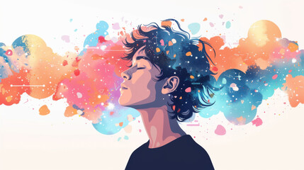 Vibrant digital illustration of a person with closed eyes, surrounded by colorful abstract splashes, depicting tranquility and creativity.