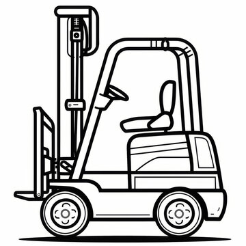 recommend clip art: A minimalist black and white drawing of a forklift, highlighting its structure and mechanical design in a simple line art style.