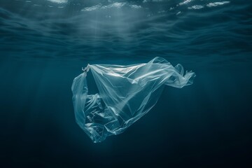 The following image shows a plastic carrier bag drifting in a tropical, blue-water ocean due to underwater pollution