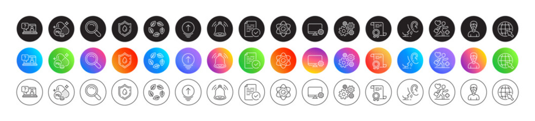 Organic tested, Monitor settings and Faq line icons. Round icon gradient buttons. Pack of Bell alert, Medical mask, Atom core icon. Patient, Whisper, Search pictogram. Vector