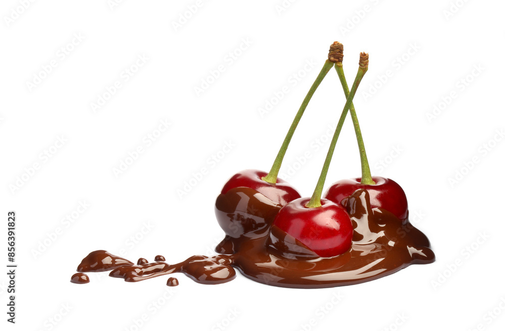 Wall mural fresh cherries with melted chocolate isolated on white - Wall murals
