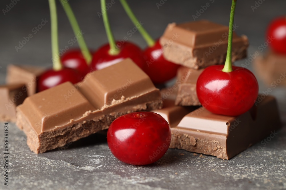 Poster fresh cherries with pieces of milk chocolate on grey textured table, closeup - Posters