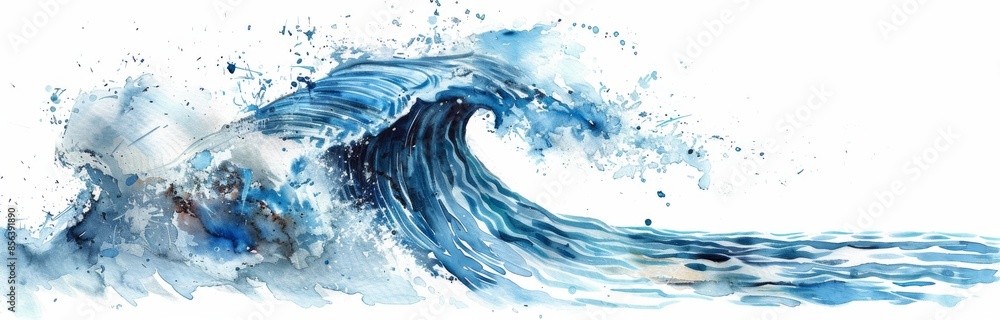 Wall mural blue sea wave isolated on white background with white foam.