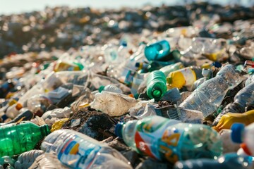 Fototapeta premium This is a picture of dirty plastic bottles and bags at a garbage dump. Ocean pollution, plastic in the water. A concept of pollution and recycling. Backdrop.