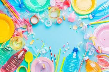 Obraz premium The top view of single-use plastic objects such as bottles, cups, forks, spoons, and drinking straws that pollute the environment, especially oceans.