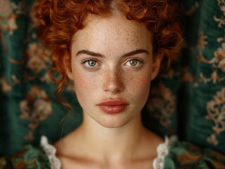 Fototapeta premium Captivating portrait of a young woman with vibrant red curly hair and freckles