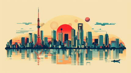 Illustrated cityscape of Tokyo with iconic landmarks and Mount Fuji in the background, depicted in a modern and colorful style.