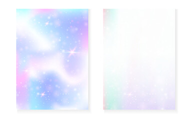 Magic background with princess rainbow gradient. Kawaii unicorn hologram. Holographic fairy set. Creative fantasy cover. Magic background with sparkles and stars for cute girl party invitation.