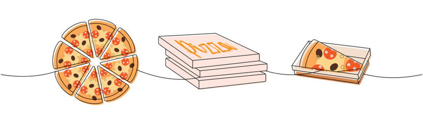 Pizza one line colored continuous drawing. Whole pizza with ingredients, pizza boxes, slice continuous one line illustration. Vector illustration.