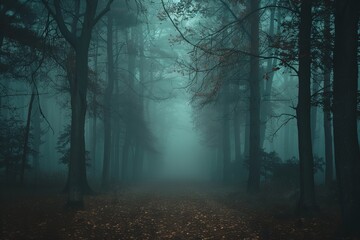 Fototapeta premium The forest is filled with mist. It looks fairy spooky on a foggy day.