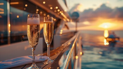 Two champagne glasses at sunset on a luxurious yacht, perfect for celebrating a special occasion at sea with a stunning ocean view.