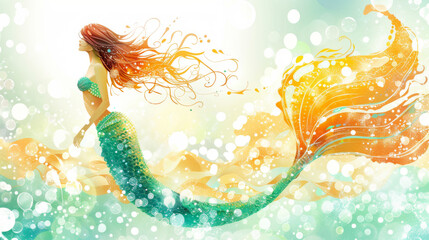 Obraz premium A fantasy illustration of a beautiful mermaid with flowing hair and tail, swimming underwater in a magical, colorful setting.