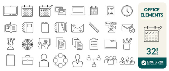 Office support editable line. icons work space folders supplies graphics Icons set vector illustration in modern thin line style of business Pictograms and infographics for mobile apps.