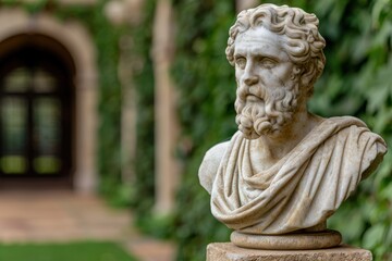 ancient marble bust statue in a garden