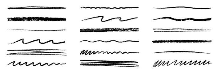 Chalk lines, charcoal highlight strokes doodle set. Pencil underlines, kids crayon strips, brush line in sketch style. Grunge texture. Hand drawn vector illustration isolated on white background © AnyaLi