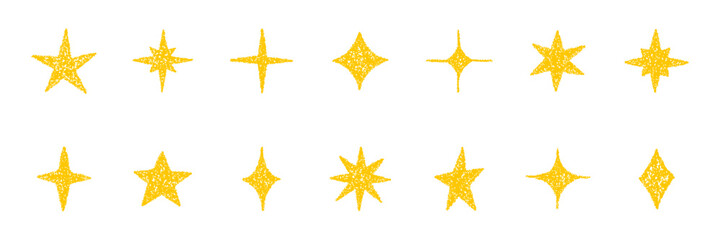 Chalk pencil stars and sparkles doodle set. Crayon Twinkle, blink, firework, glitter silhouette and glowing symbols in sketch style, Hand drawn vector illustration isolated on white background © AnyaLi