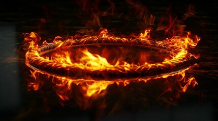 Ring of fire burning on a dark reflective surface.