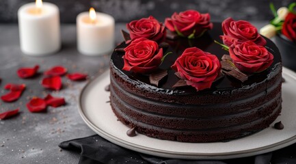 Decadent chocolate cake with fresh red roses