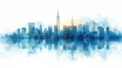 Modern city skyline in shades of blue, mirrored on a calm water surface, creating a tranquil urban landscape.