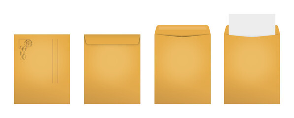 Realistic kraft paper envelope set vector. Isolated brown mail envelope on white background. Post mail mockup design illustration.