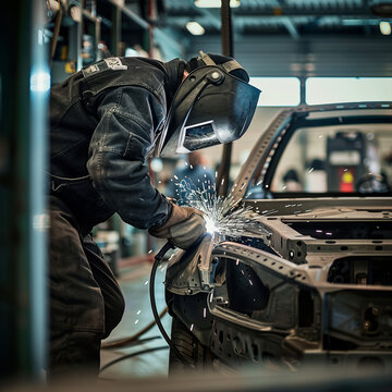 A welder working welding a car
