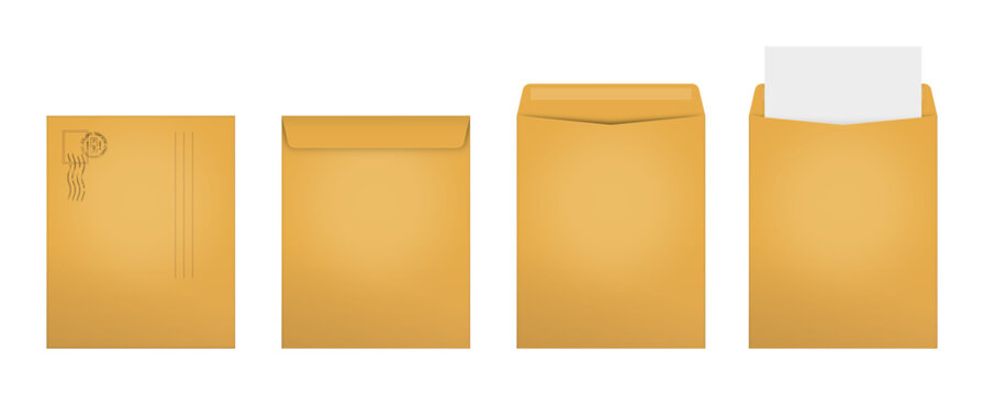 Realistic kraft paper envelope set vector. Isolated brown mail envelope on white background. Post mail mockup design illustration.