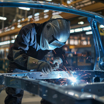 A welder working welding a car
