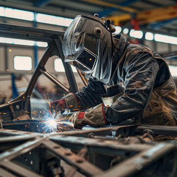 A welder working welding a car