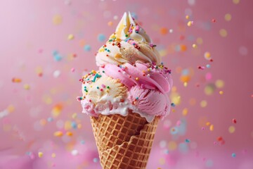 An ice cream cone with strawberry ice cream topped with cream