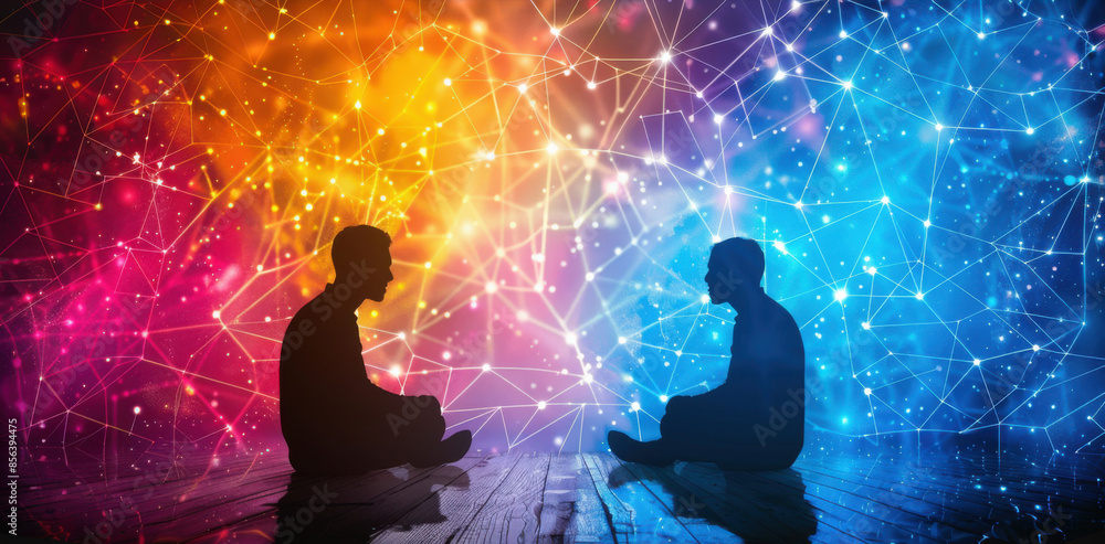 Poster two silhouette figures sitting amidst a colorful digital network background, symbolizing communicati