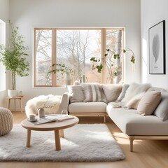 A modern living room with large windows showcasing a view of bare trees and a clear sky