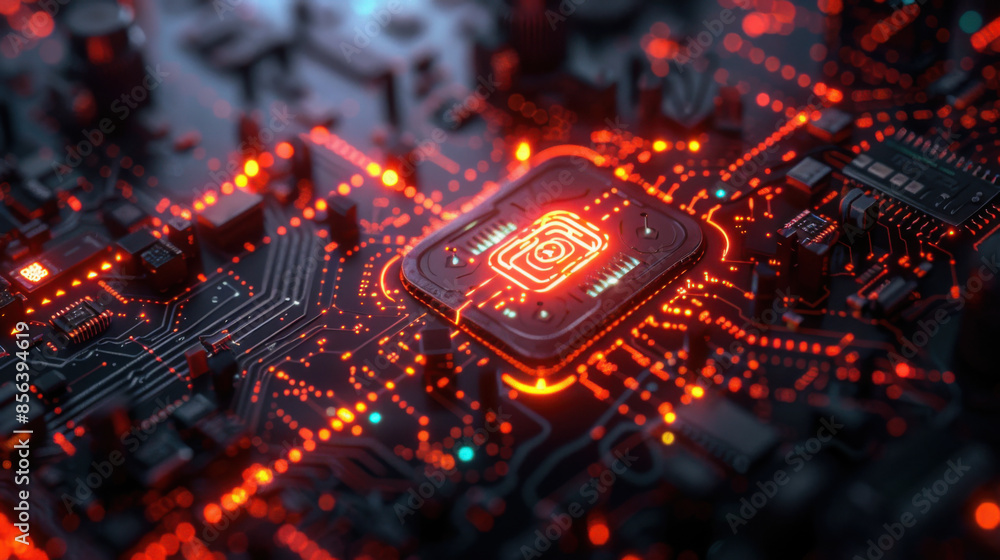 Aufkleber close-up of a circuit board with glowing red lights and intricate electronic components, highlightin